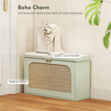 Shoe Storage Bench with Rattan-Accent Flip Drawer & Padded Cushion – Hallway Cabinet for 8 Pairs, Light Green
