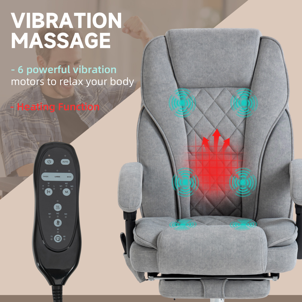 Heated Massage Office Chair with Footrest & Remote – 6-Point Vibration, Lumbar Heat, Grey Velvet