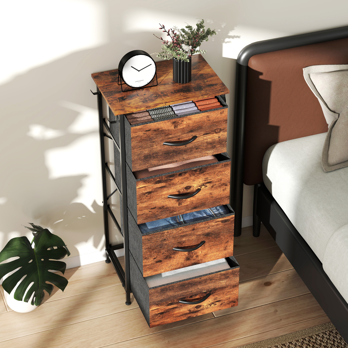 Fabric Chest of Drawers with 4 Foldable Drawers, Side Pockets & Hooks – Bedroom Storage, Rustic Brown