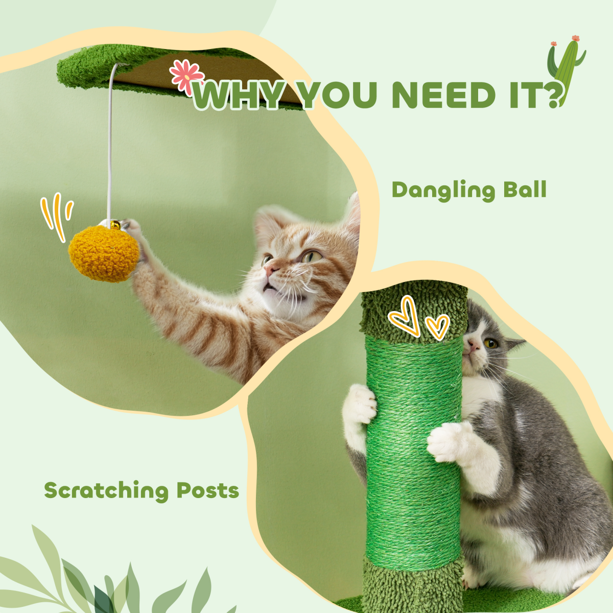 PawHut 230-275cm Floor-to-Ceiling Cat Tree for Indoor Cats with Cat House, Hammock & Anti-Tip Kit – Green