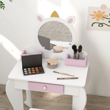 ZONEKIZ Kids Dressing Table with Mirror, Stool, Drawer & Storage Boxes – Unicorn Design Vanity Set, White