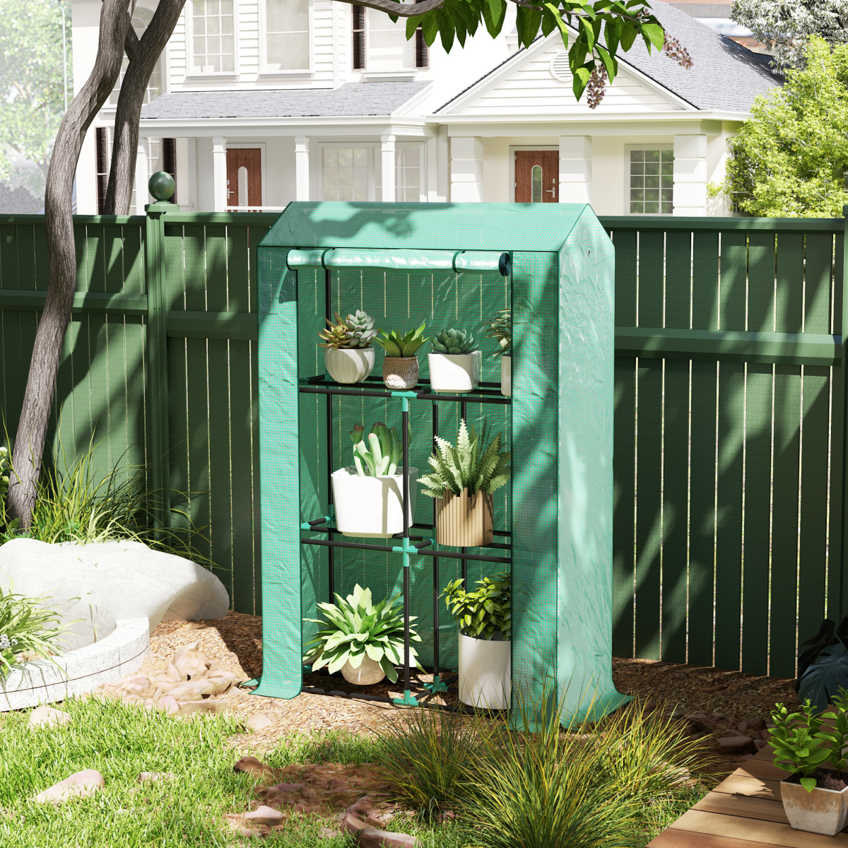Mini Greenhouse with 3-Tier Shelf & Roll-up Zipped Door – Steel Frame Plant Grow House, 100 x 40 x 150cm, Green