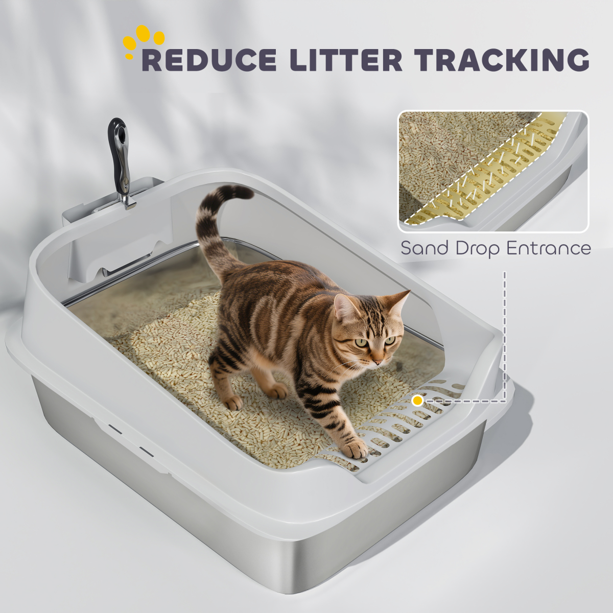XL Stainless Steel Cat Litter Box with High Sides, Scoop & Entryway Litter Catcher – Large Pet Toilet, Grey
