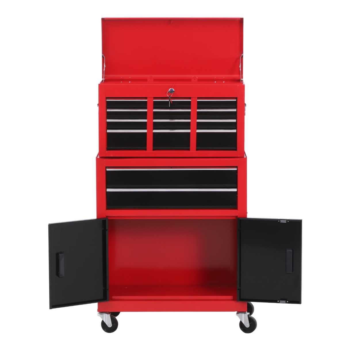 HOMCOM Portable Steel Tool Top Chest with Storage Drawers & Lift-Up Lid – Workshop Tool Storage, Red