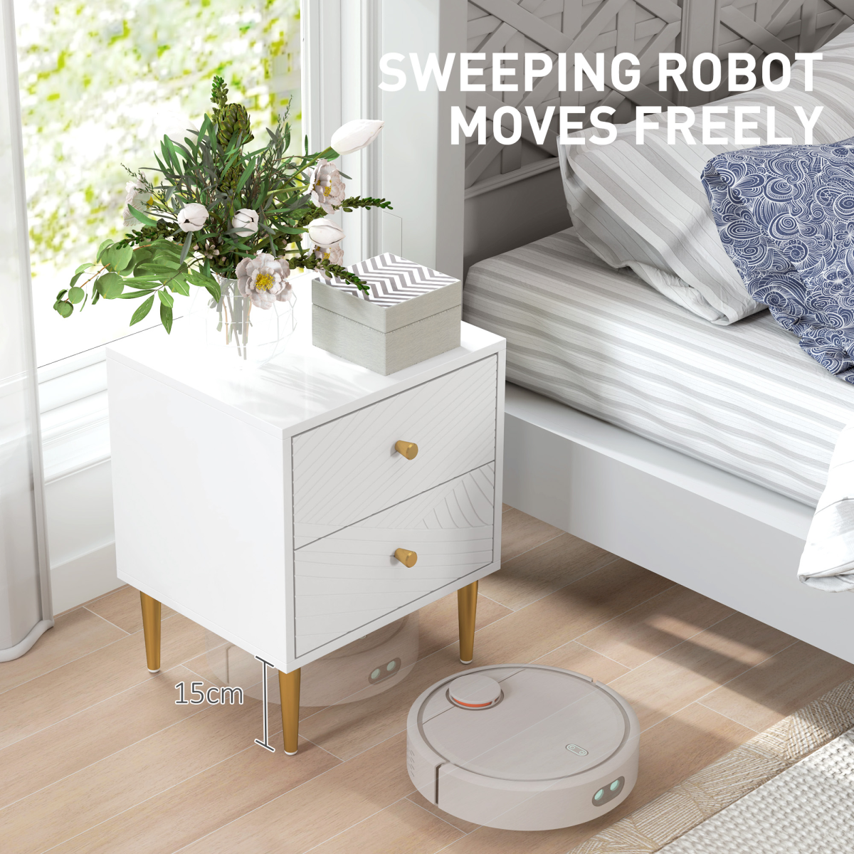 HOMCOM White Bedside Table with 2 Storage Drawers & Gold Tone Handles – Nightstand with Metal Legs