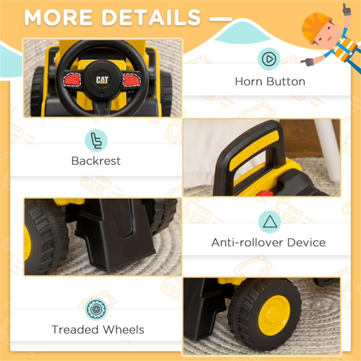 Toddler Ride-On Digger with Working Bucket, Under-Seat Storage and Horn – Foot-Powered Toy, Yellow