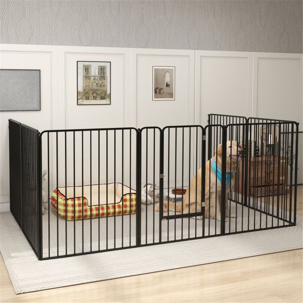 Steel Dog Crate Playpen with 8 Reshapeable Panels and 9 Ground Stakes – Indoor and Outdoor Pet Pen, Black