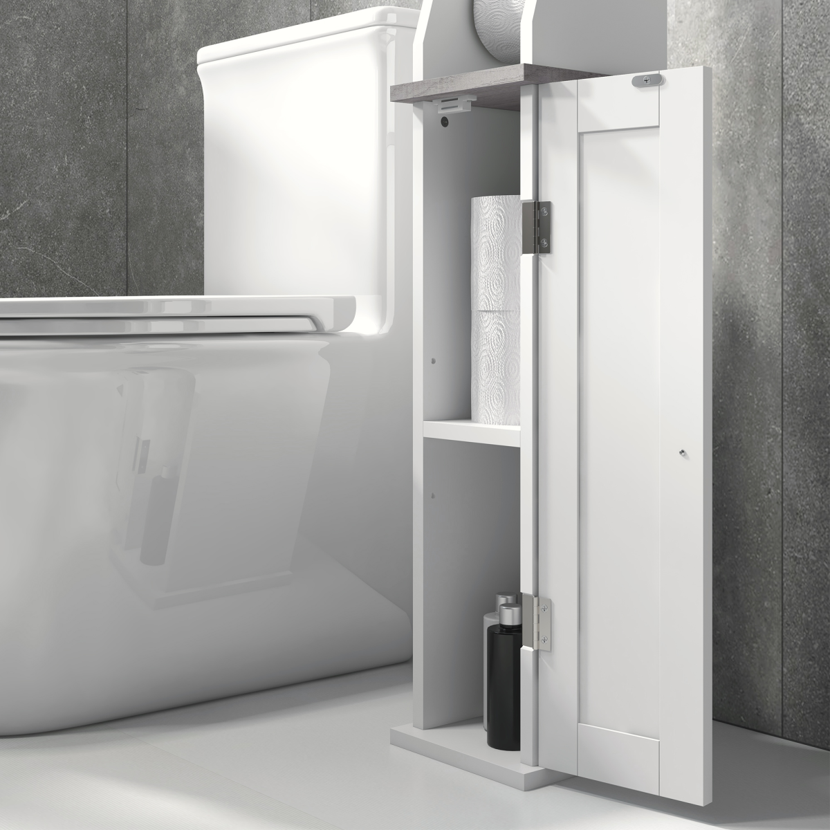 kleankin Slim Toilet Roll Storage Unit with Cupboard and Adjustable Shelf – Louvered Door Bathroom Cabinet, White