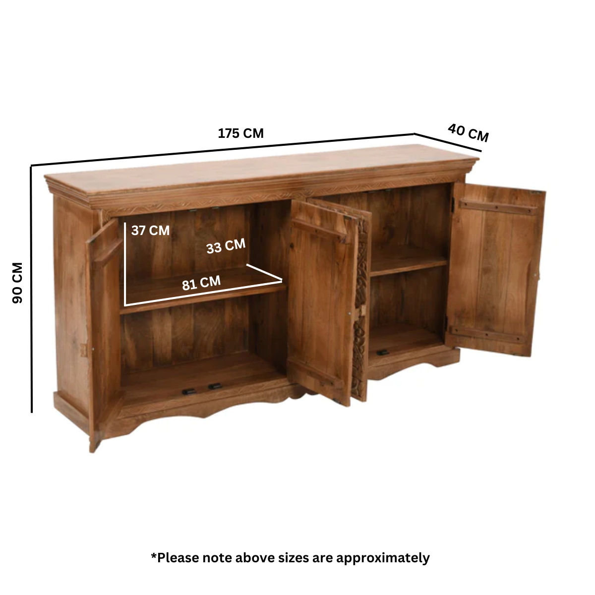 Artwork Carved Solid Mango Wood XL Sideboard – Handcrafted Statement Storage with Detailed Carving