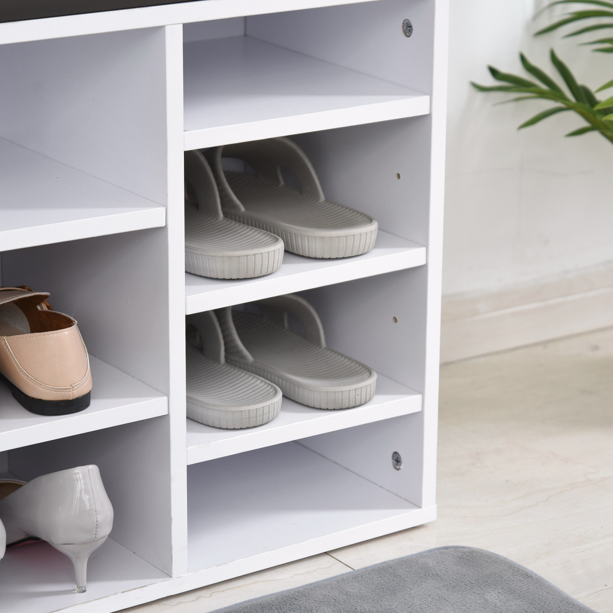 HOMCOM PU Leather 14-Compartment Shoe Storage Bench with Padded Seat – Hallway Seating, Brown/White