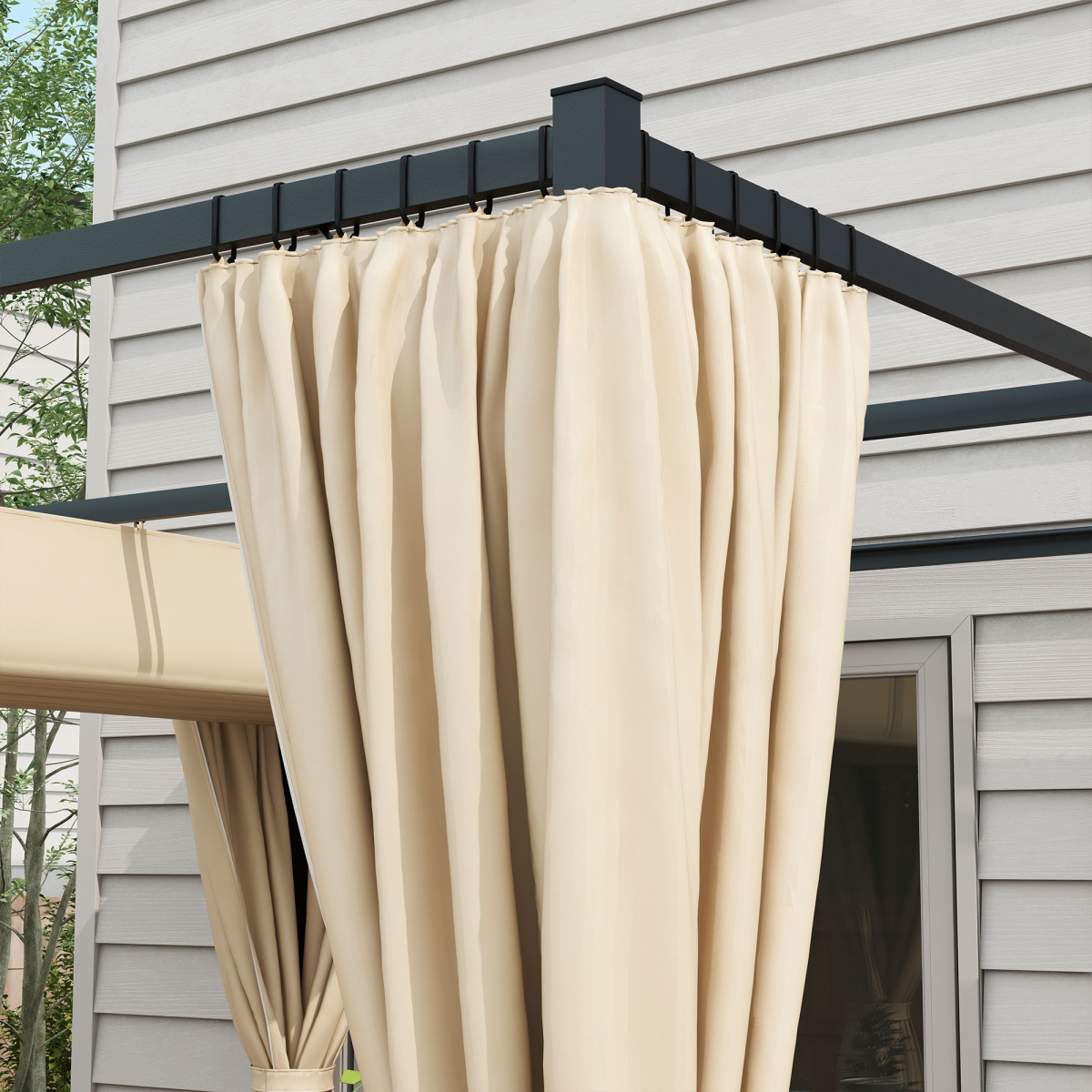Outsunny 3 x 3m Retractable Pergola with Curtains, PU-Coated Polyester Canopy & Metal Frame – Beige