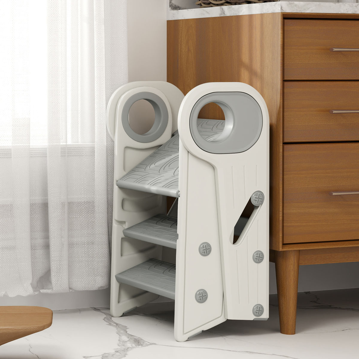 AIYAPLAY Foldable Toddler Tower with Adjustable Height, Handle and Non-Slip Steps – Kitchen Helper Stool, Grey