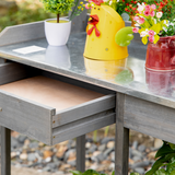 Outsunny Garden Potting Workstation Bench with Galvanised Metal Tabletop, Drawer and Shelves – Solid Wood