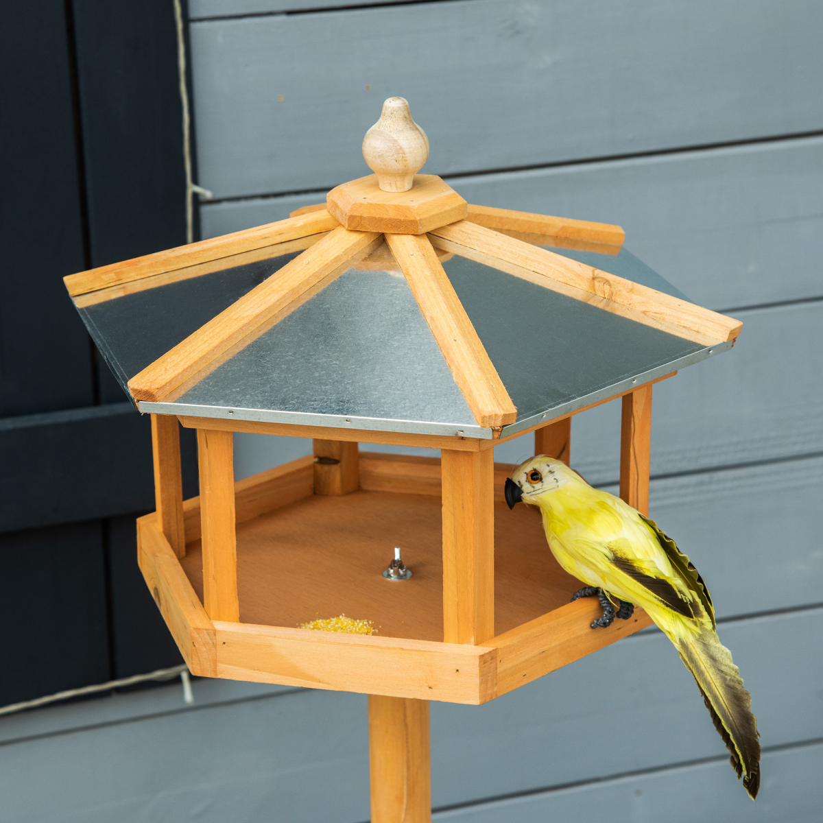 PawHut Wooden Bird Feeder Stand with Pitched Roof – Garden Feeding Station and Platform, Fir Wood Tripod Base