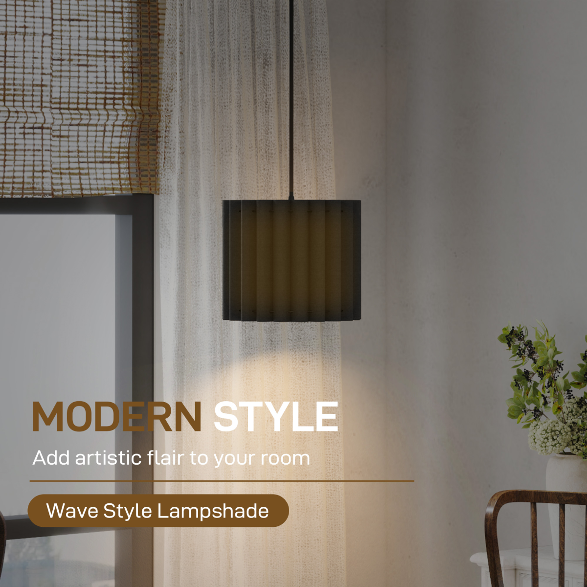 Modern Wave Pendant Light with Linen-Feel Fabric Shade, E27 – Black Ceiling Light Fixture, 178cm Drop