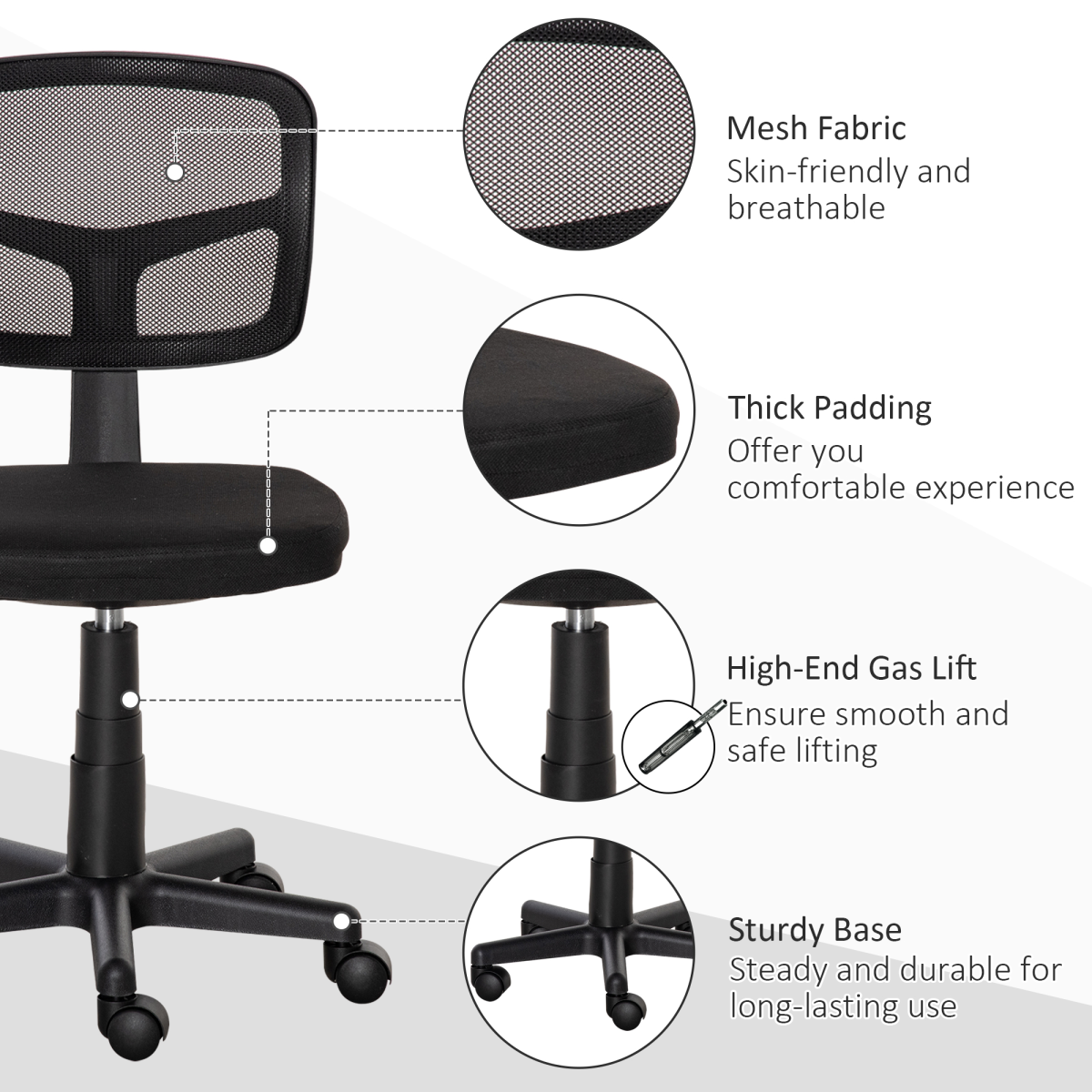 Vinsetto Small Armless Office Chair with Ergonomic Curved Backrest – Breathable Mesh Swivel Desk Chair, Black