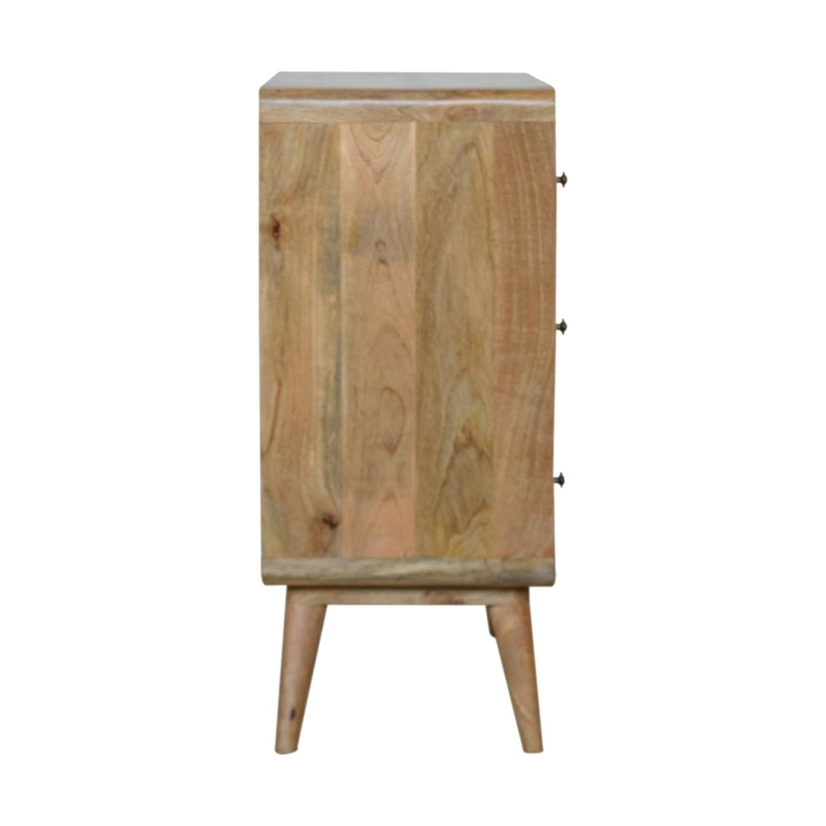 Artisan Furniture Solid Mango Wood Curved Chest of 3 Drawers with Nordic Legs – Oak-ish Finish, Light Brown