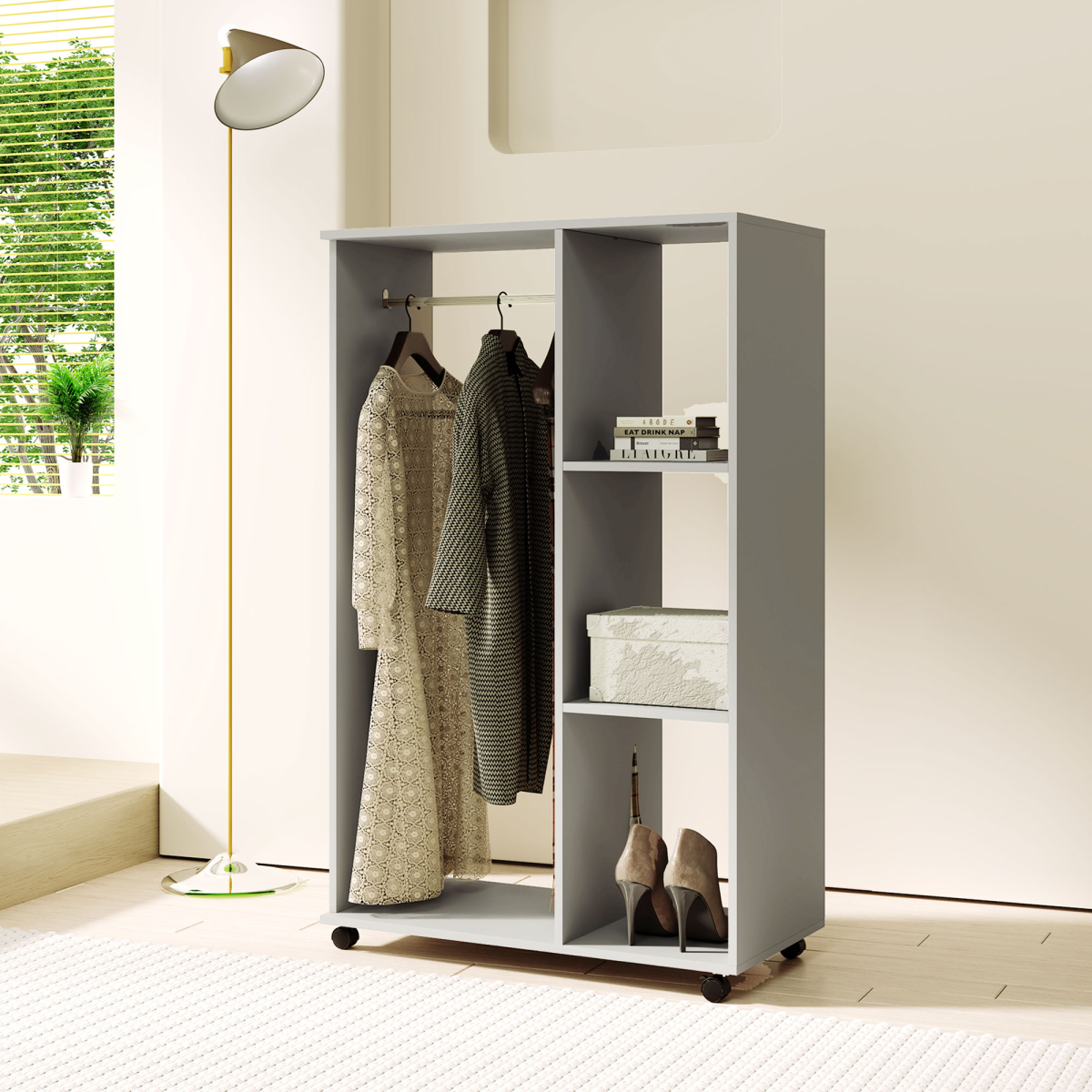 HOMCOM Rolling Open Wardrobe with Hanging Rail & 3 Shelves – Clothes Storage on Wheels, Grey