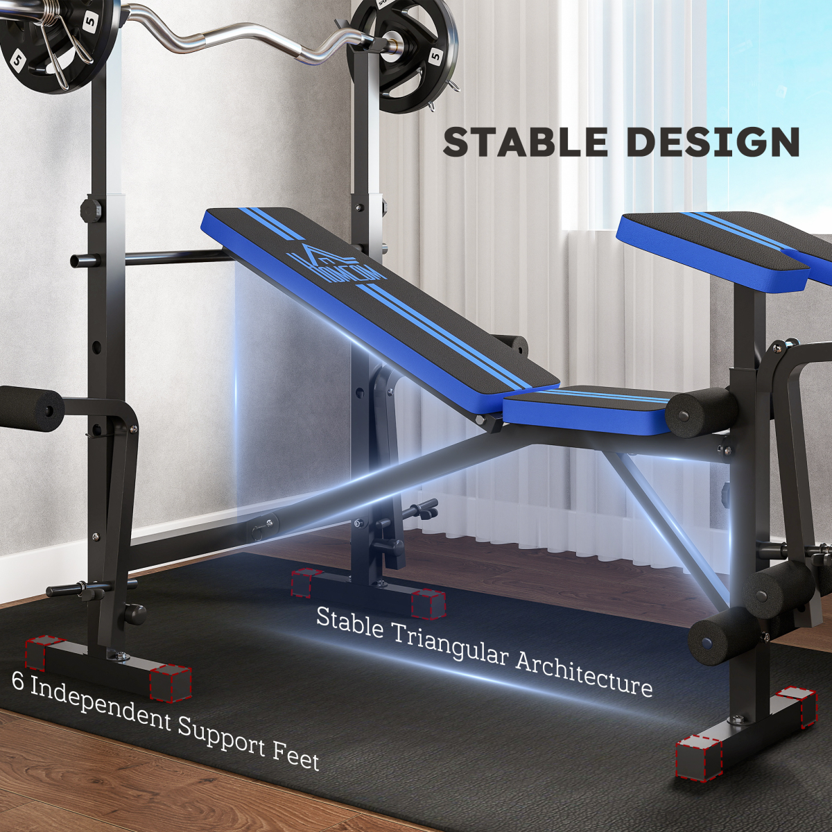 HOMCOM Multi-Function Weight Bench with Squat Rack, Leg Extension and Butterfly Curl – Home Gym, Black and Blue