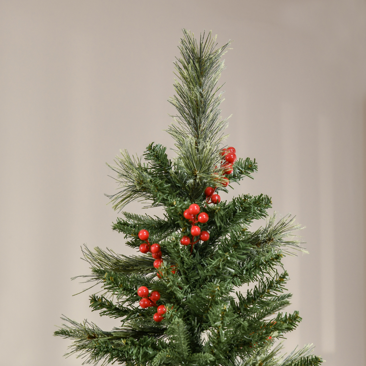 HOMCOM 7ft Unlit Artificial Pencil Christmas Tree with Faux Red Berries, Flame Retardant PVC & Metal Base