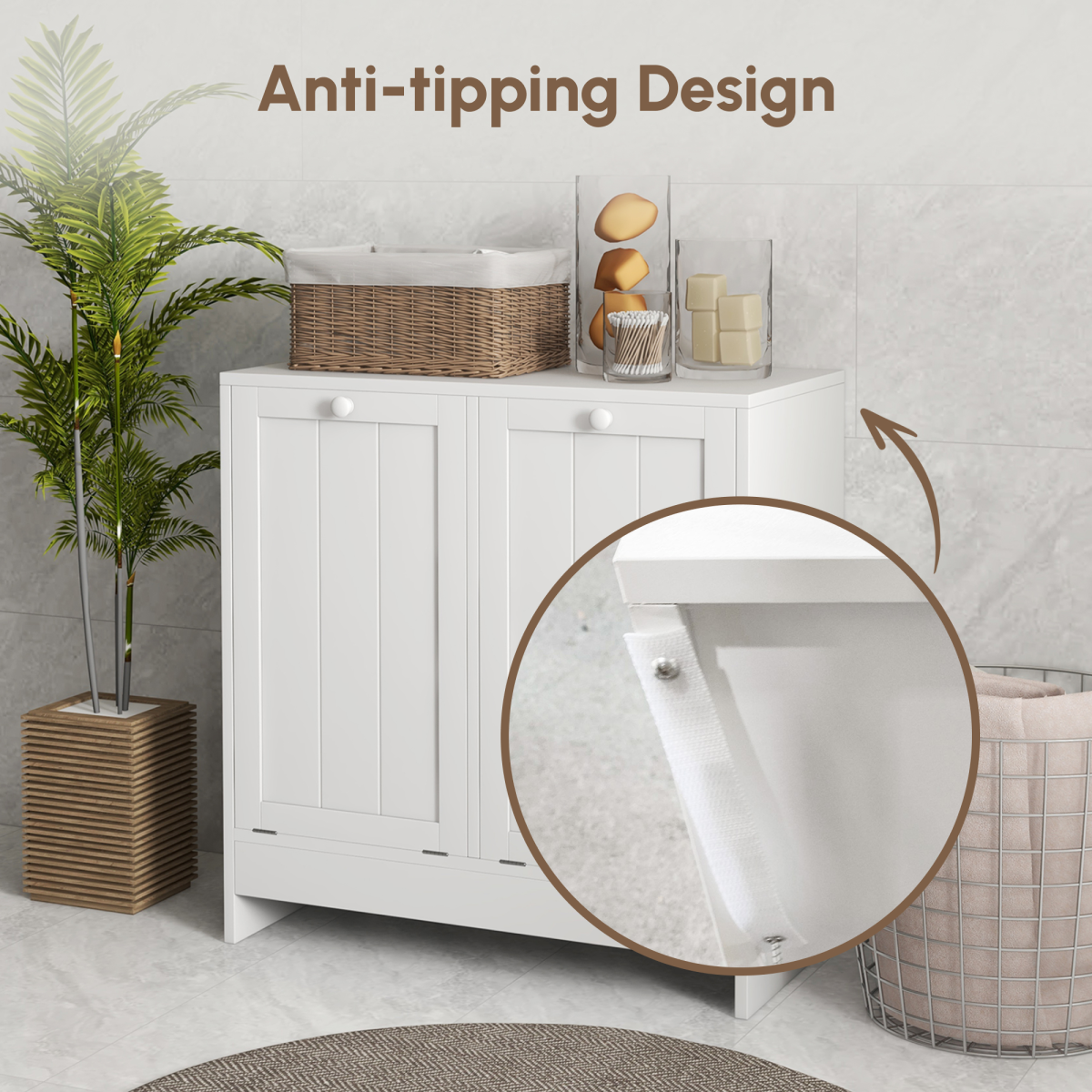 Tilt-Out Laundry Hamper Cabinet with 2 Compartments & Wood Handles – Hidden Laundry Storage, White