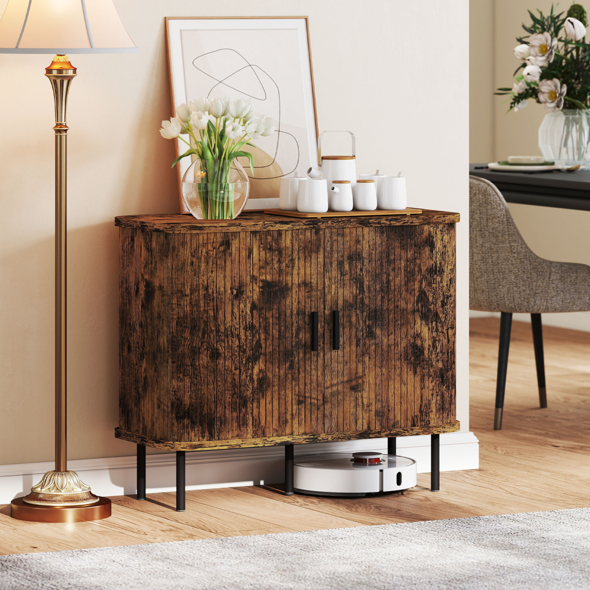 Mid-Century Sideboard with Slatted Tambour Sliding Doors – Kitchen & Hallway Storage Cabinet, Rustic Brown