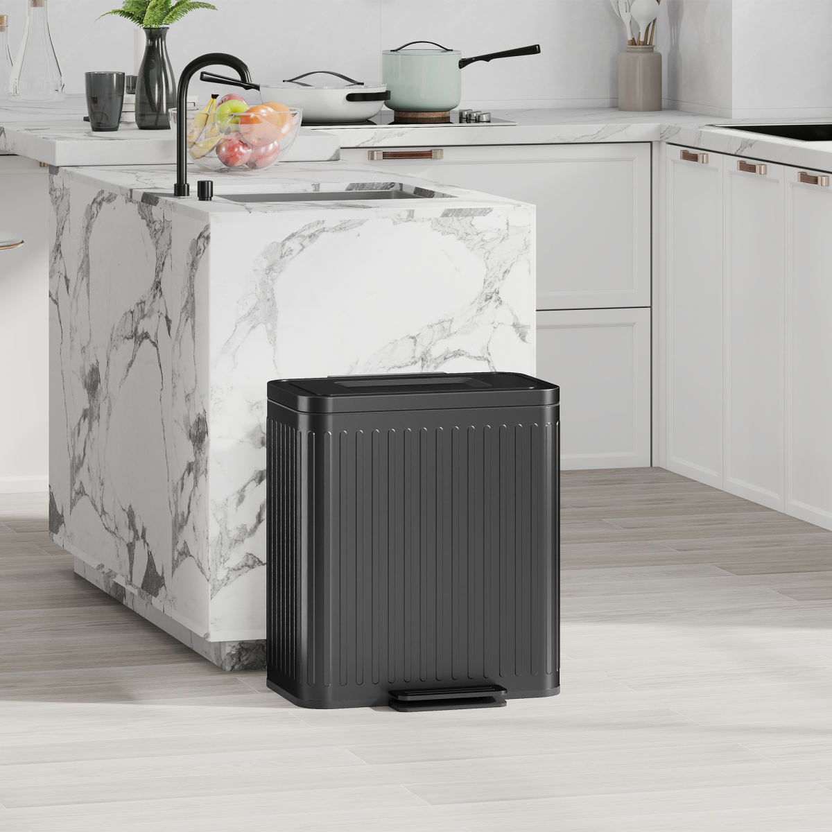 Dual Kitchen Pedal Bin with 2 x 20L Removable Buckets – Powder Coated Metal Recycling Bin, Black
