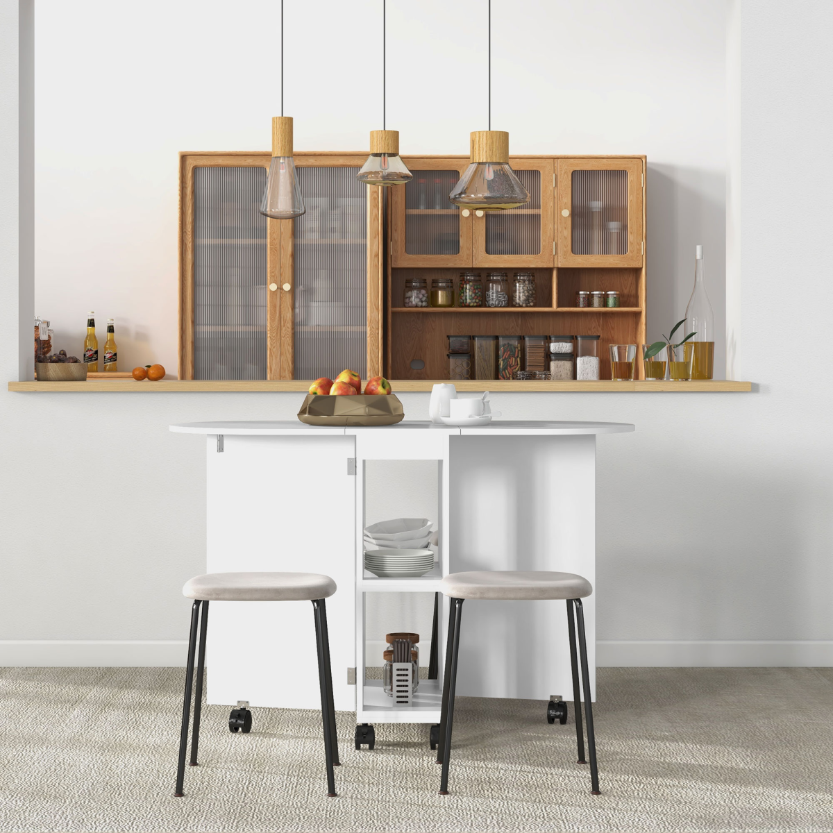 HOMCOM Folding Drop Leaf Dining Table with 2-Tier Shelves and Wheels – Space-Saving Kitchen Table, White