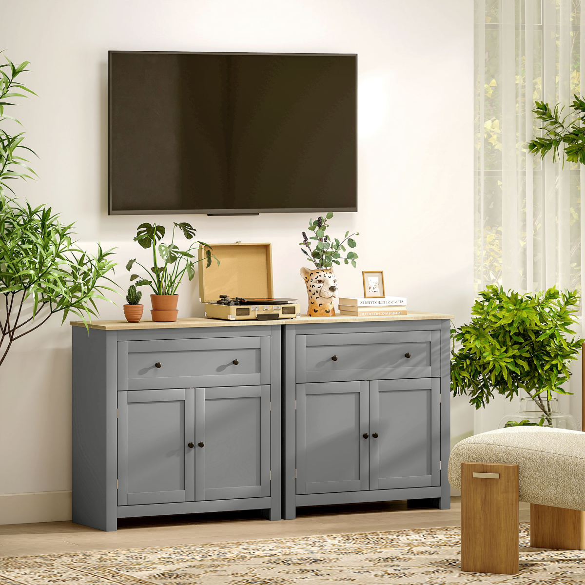 Kitchen Sideboard Storage Cabinet with Drawer & Adjustable Shelves – Freestanding Cupboard, Grey and Oak