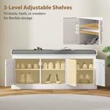 HOMCOM Shoe Storage Bench with Rattan Doors and Seat Cushion – Boho Entryway Shoe Cabinet Bench, White and Grey