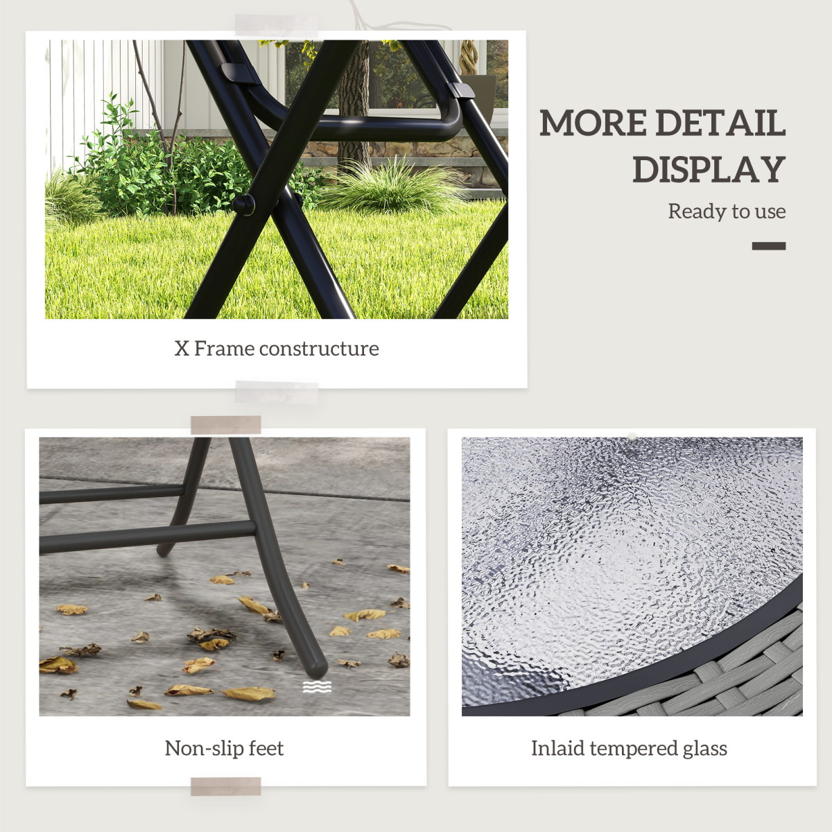 Outsunny Folding Round Garden Table with Tempered Glass Top and PE Rattan Edging – Patio Table, Grey