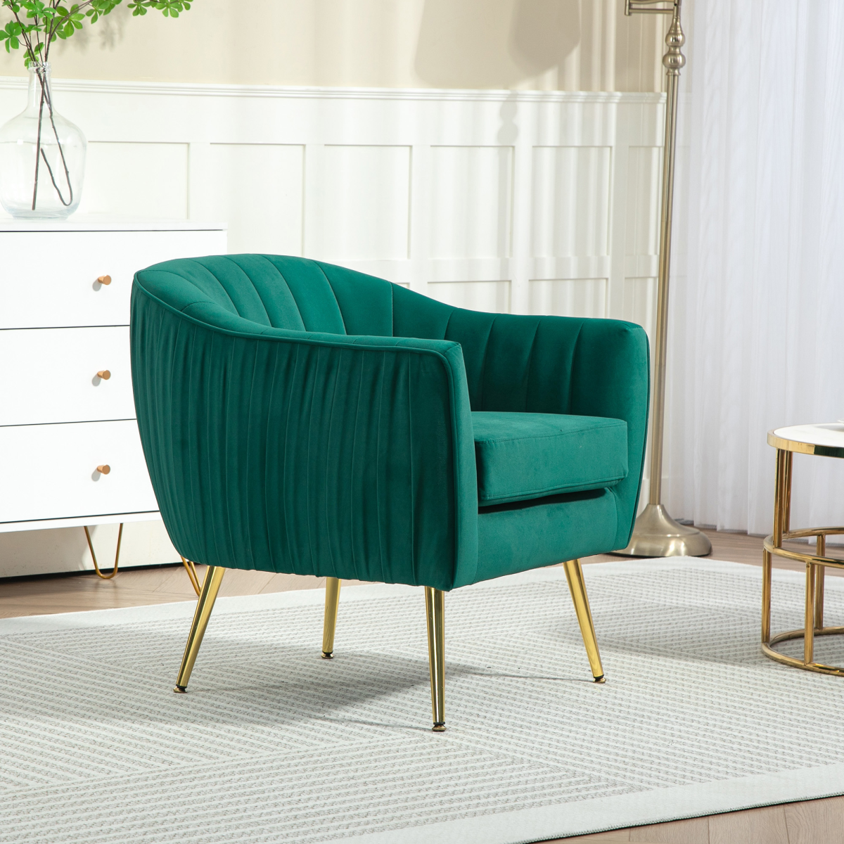 HOMCOM Shell-Back Flocked Fabric Accent Armchair with Metal Legs – Padded Seat, Adjustable Feet