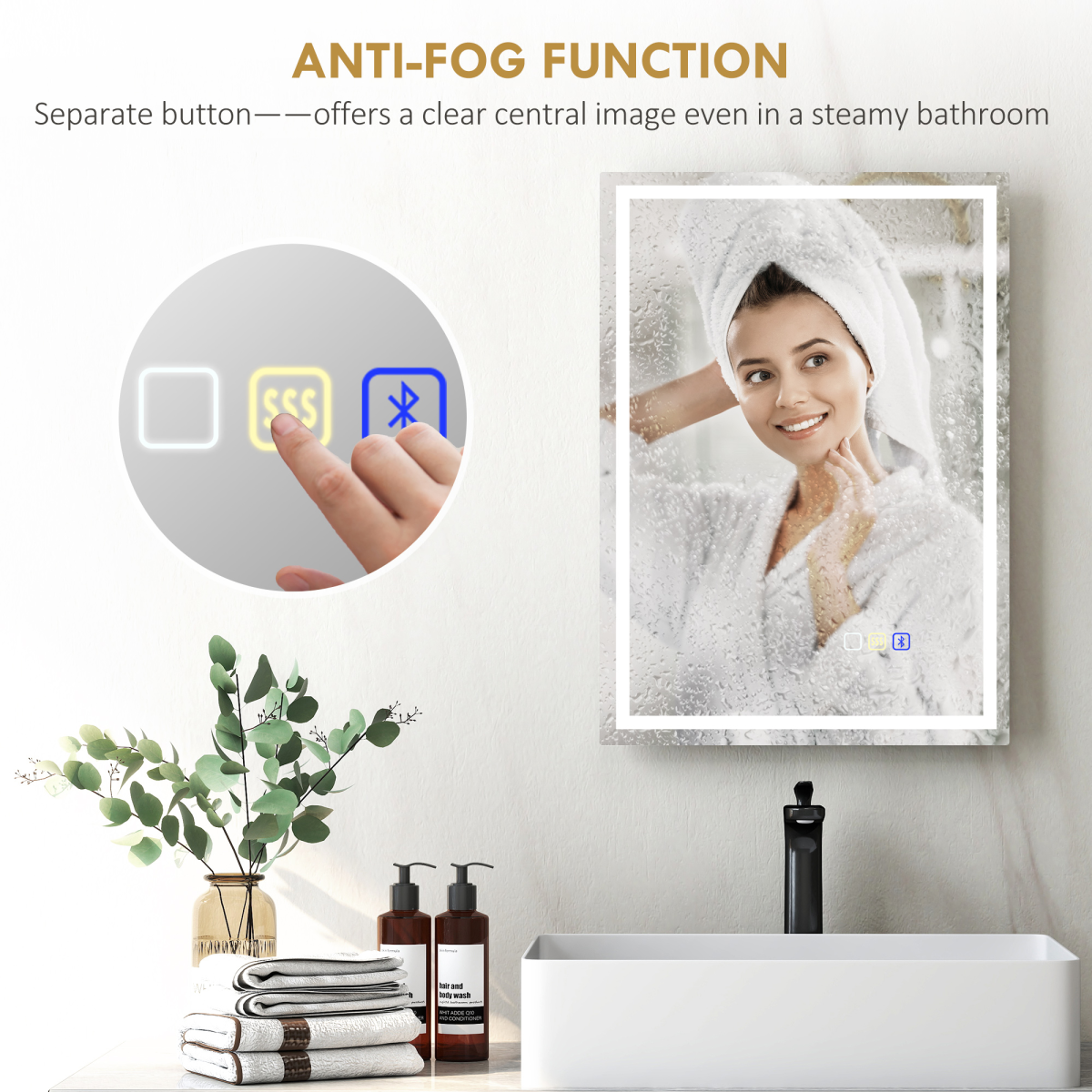 HOMCOM 70 x 50cm Bathroom Mirror with Bluetooth Speaker, LED Lights & Demister Pad – IP44, Silver Tone