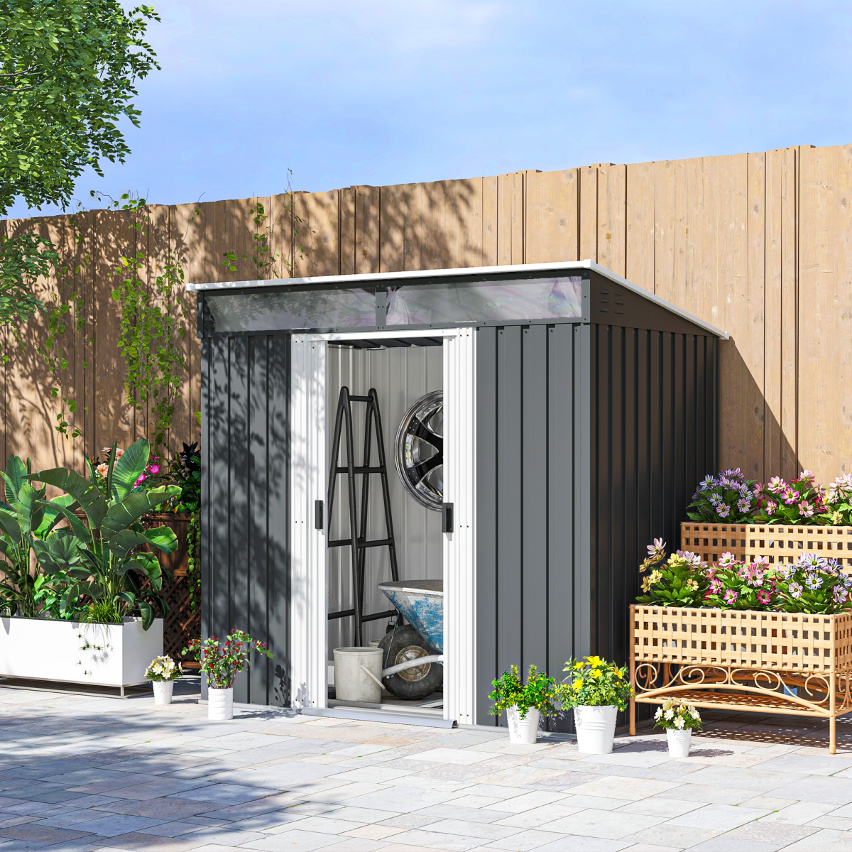 Metal Garden Shed with Lockable Sliding Doors, Windows & Foundation Kit – Bike & Tool Store, Charcoal Grey