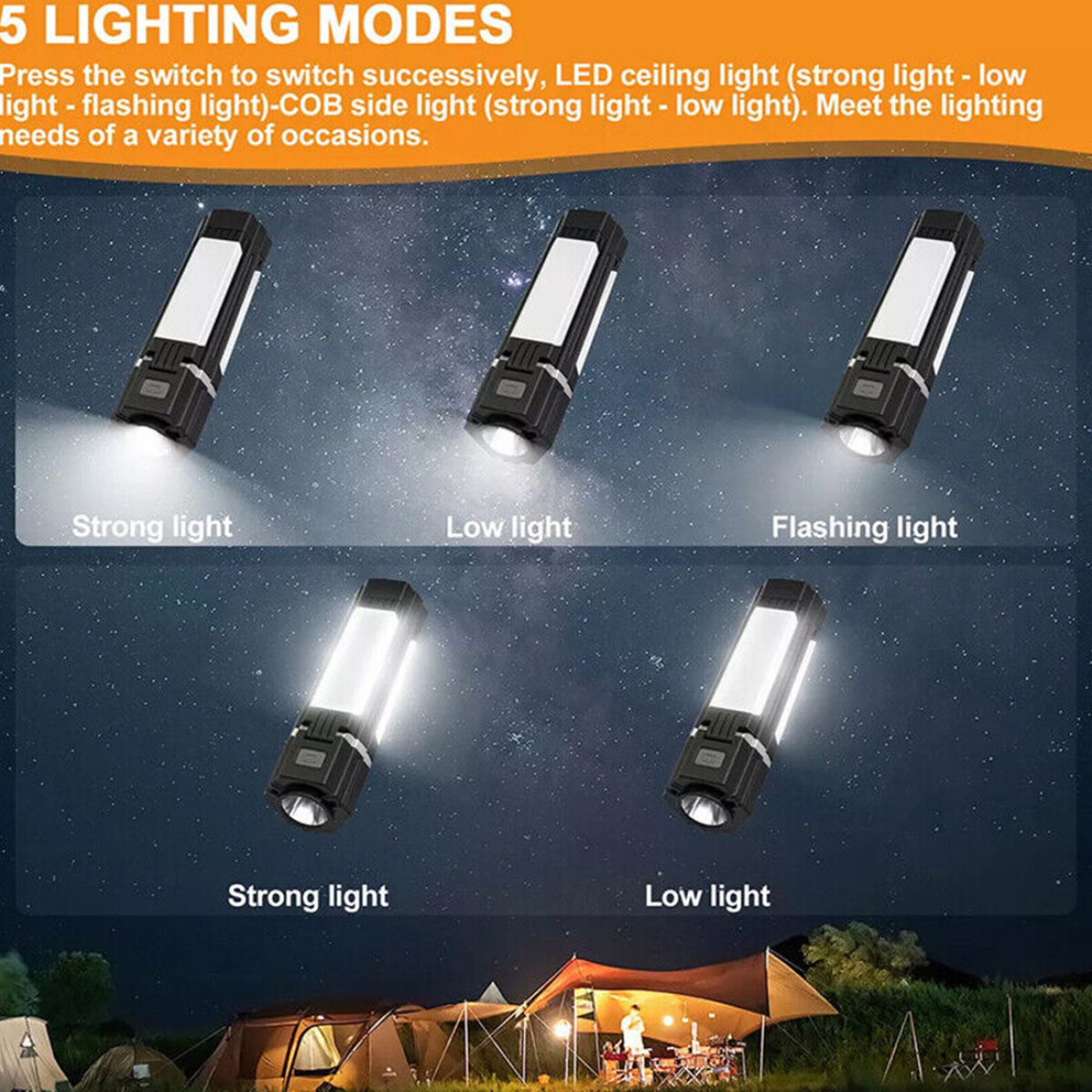 Rechargeable Foldable LED Camping Lantern with Magnetic Base & Hook – Outdoor Work Light, Black