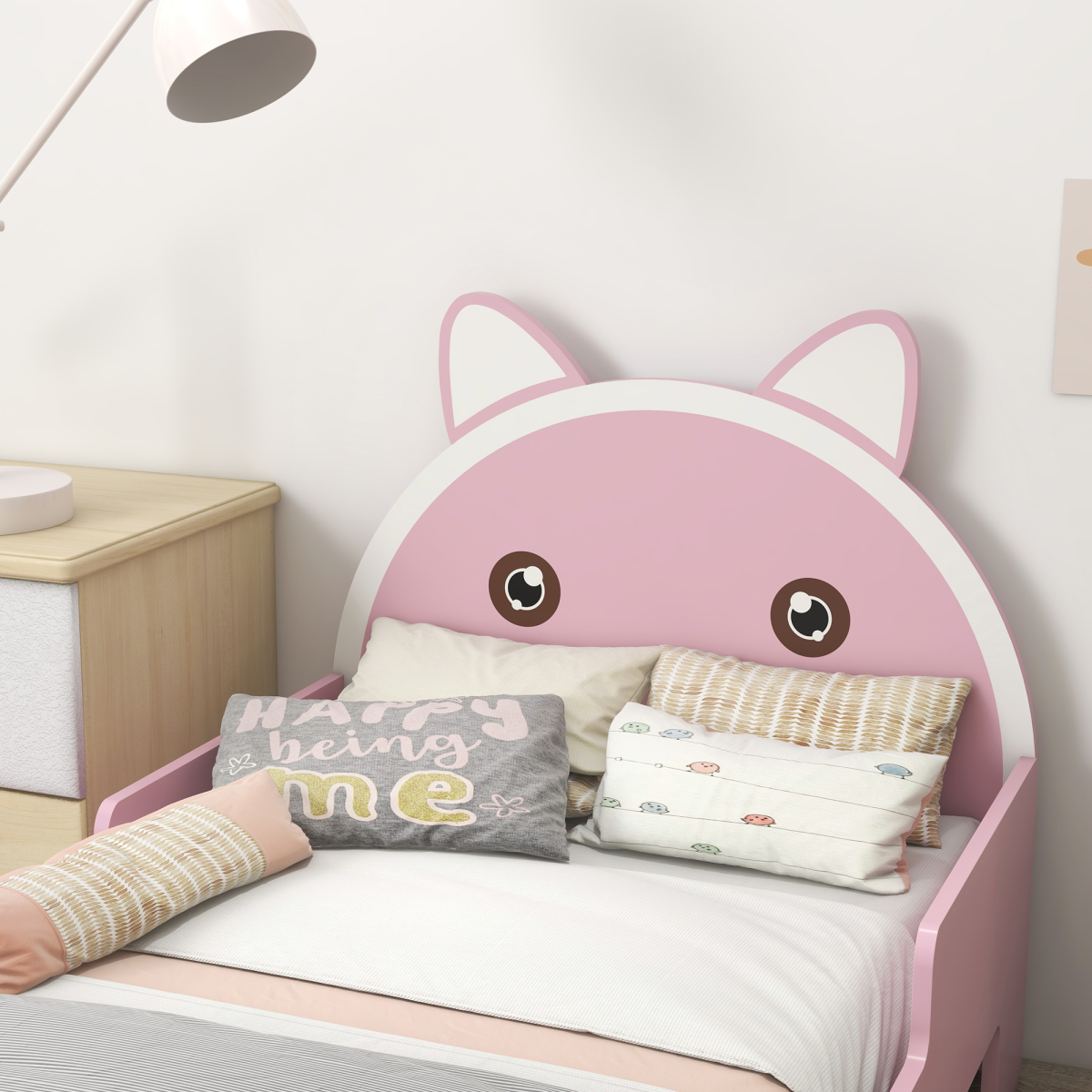 ZONEKIZ Toddler Bed Frame with Cat Design and Guardrails – Low Kids Bed for Ages 3–6, Pink
