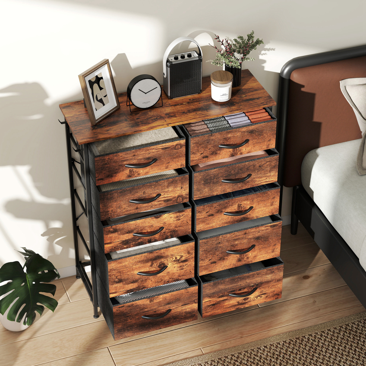 Fabric Chest of Drawers with 10 Drawers, Side Pockets & Hooks – Steel Frame Storage Unit, Rustic Brown and Black
