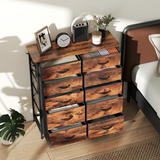 Fabric Chest of Drawers with 10 Drawers, Side Pockets & Hooks – Steel Frame Storage Unit, Rustic Brown and Black