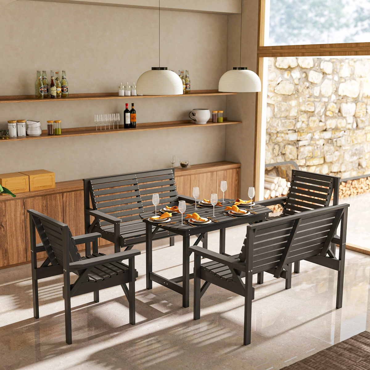 Outsunny 5-Piece Fir Wood Patio Dining Set with 60mm Umbrella Hole – Table, Chairs & Loveseats, Grey