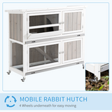 PawHut Two-Tier Wooden Rabbit Hutch with Ramp, Wheels, Trough & Rain Cover – Outdoor Pet House, Grey