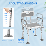 HOMCOM Padded Shower Stool with Arms, Back & 4 Suction Foot Pads – Height Adjustable Bath Seat, Grey
