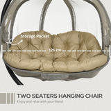 Outsunny Double Hanging Egg Chair with Cushion and Stand – 2-Seater Garden Swing Hammock, Brown