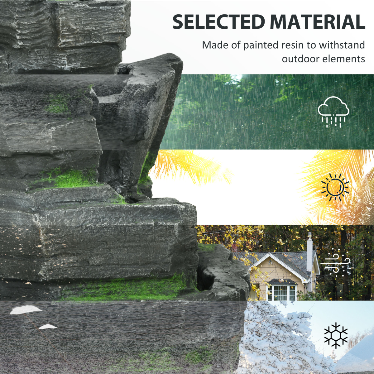 Outsunny Solar Powered Four-Tier Garden Fountain with 3 LED Lights – Outdoor Water Feature, Dark Grey and Green