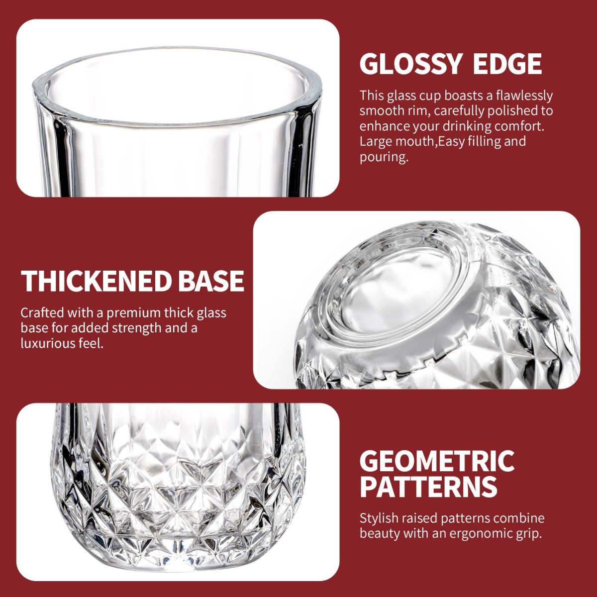 Vinsani 6 Piece Crystal-Cut Tall Glasses Set, 350ml Toughened Glass Tumblers – Geometric Design Drinkware