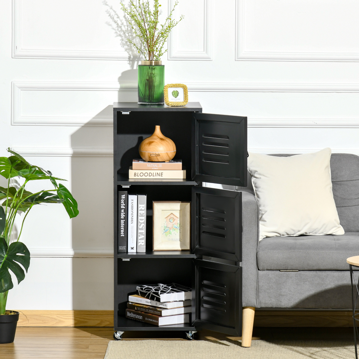 Rolling Storage Cabinet with 3 Compartments, Metal Doors and Wheels – Industrial Mobile File Cabinet, Black