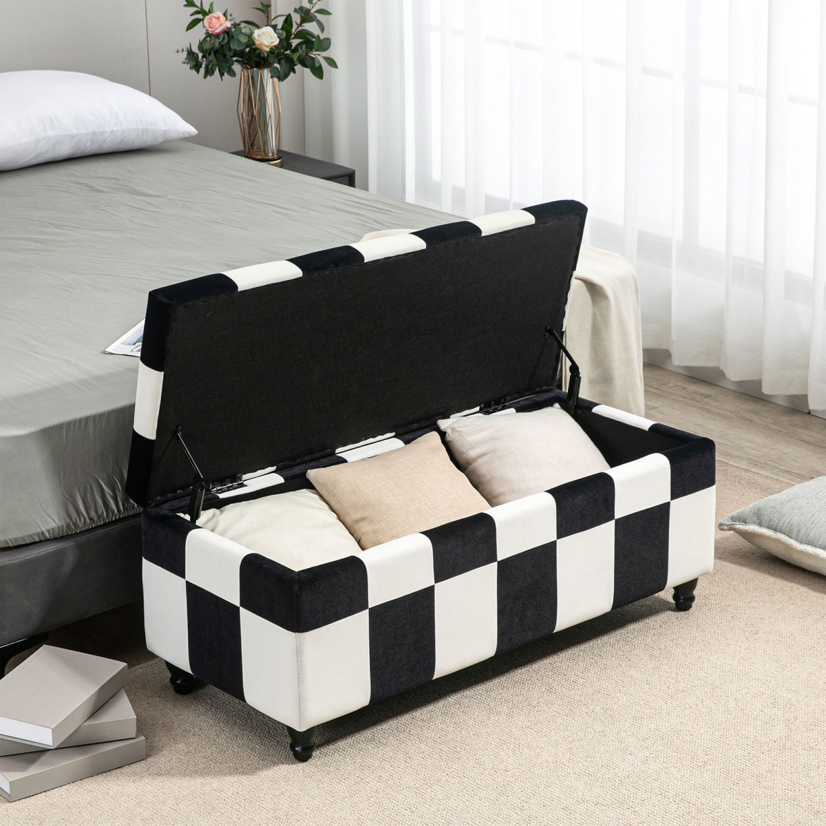 HOMCOM Velvet Button-Tufted Storage Ottoman Footstool Box, 114 x 47 x 47cm – Colour Block Bench