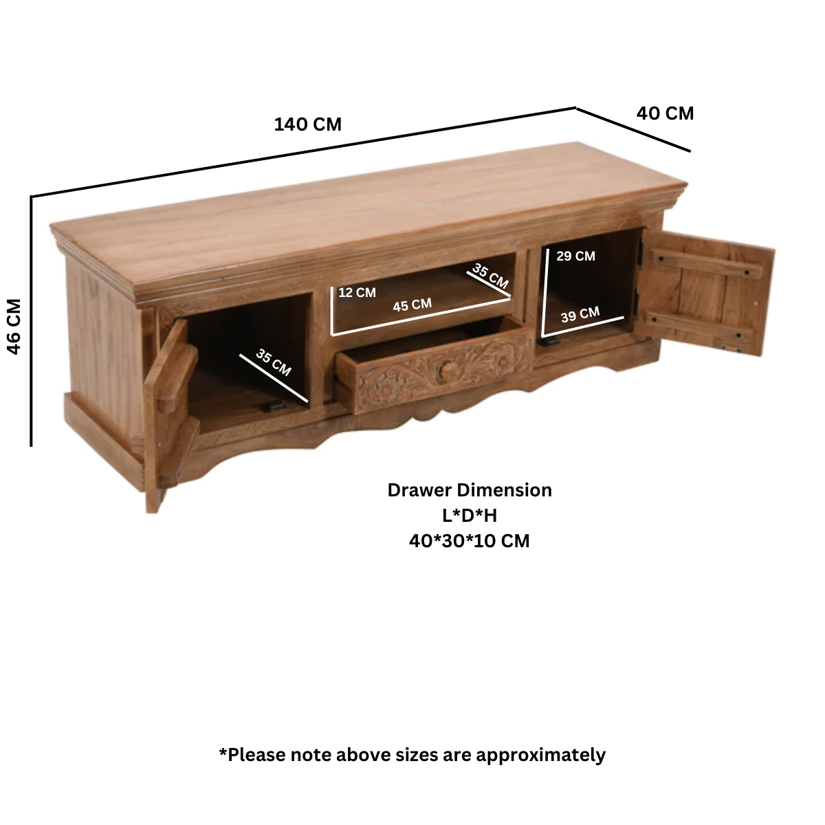 Artwork Carved Solid Mango Wood TV Cabinet with Media Storage – Handcrafted Artisan Living Room Unit