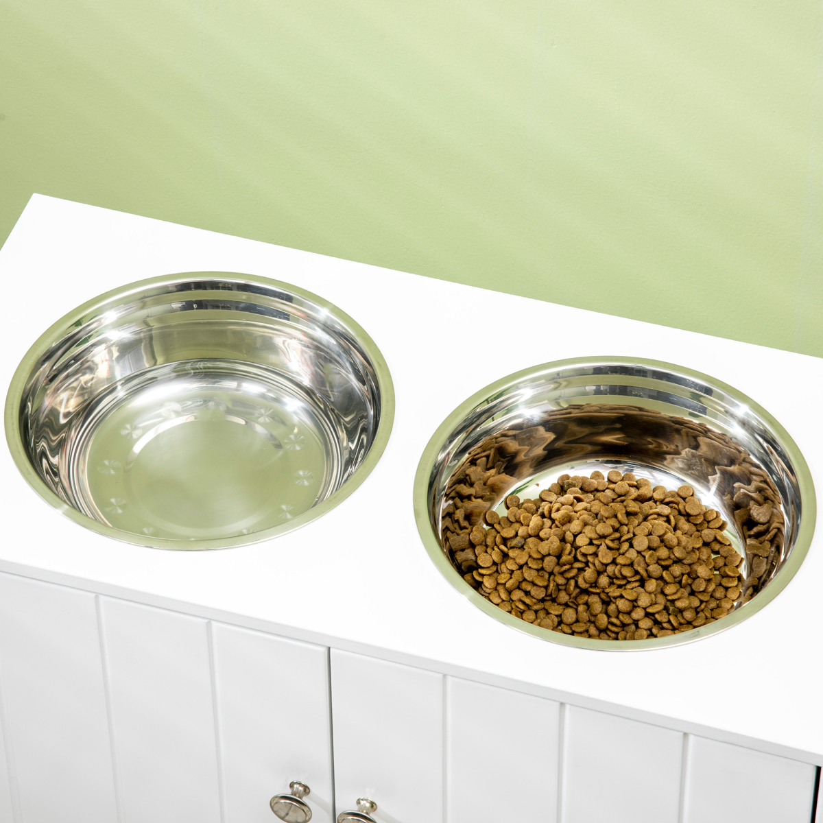 PawHut Raised Dog Feeding Station with 2 Stainless Steel Bowls & Hidden Storage – Large Dogs, White