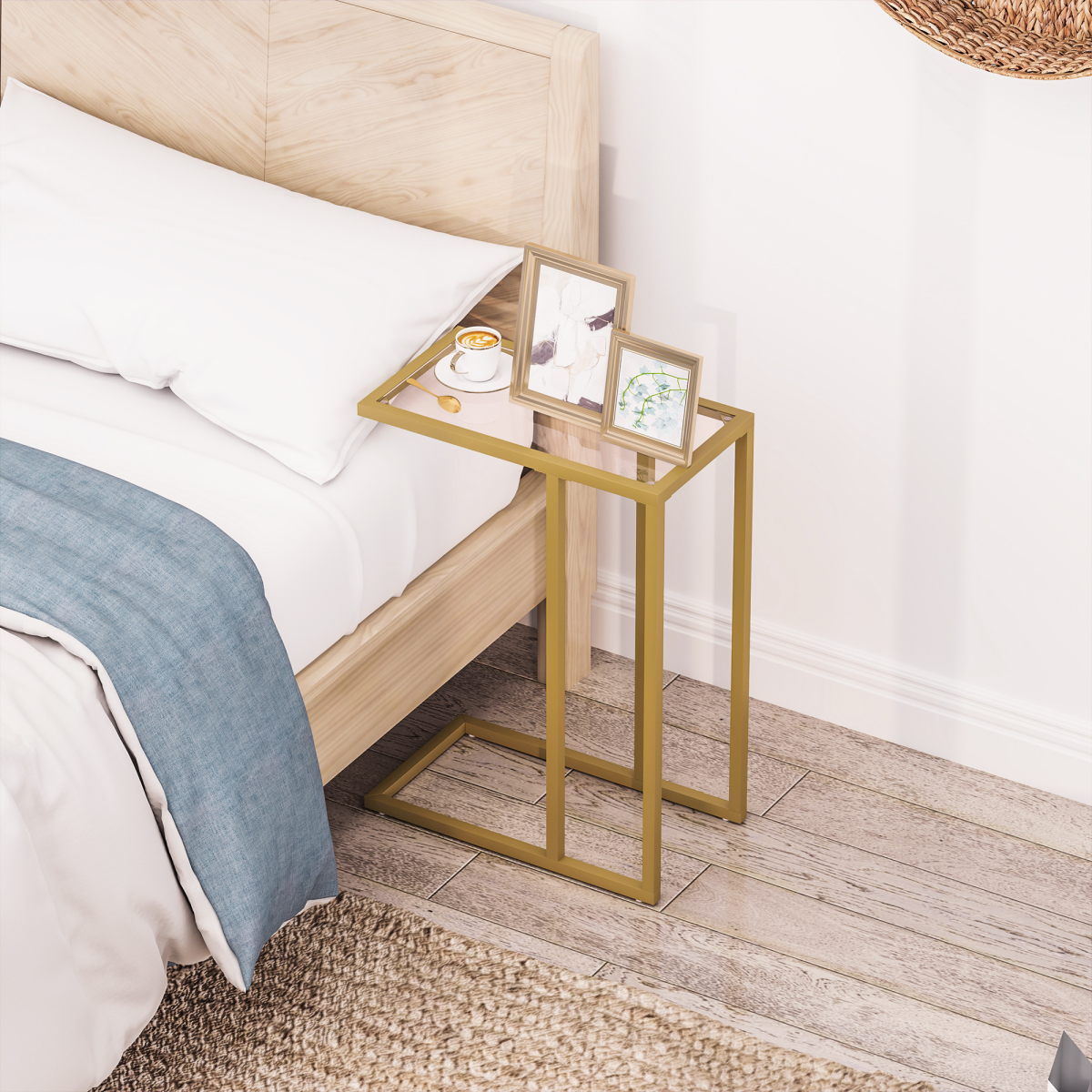 HOMCOM C-Shaped Side Table with Tempered Glass Top – Space-Saving Sofa End Table, Gold