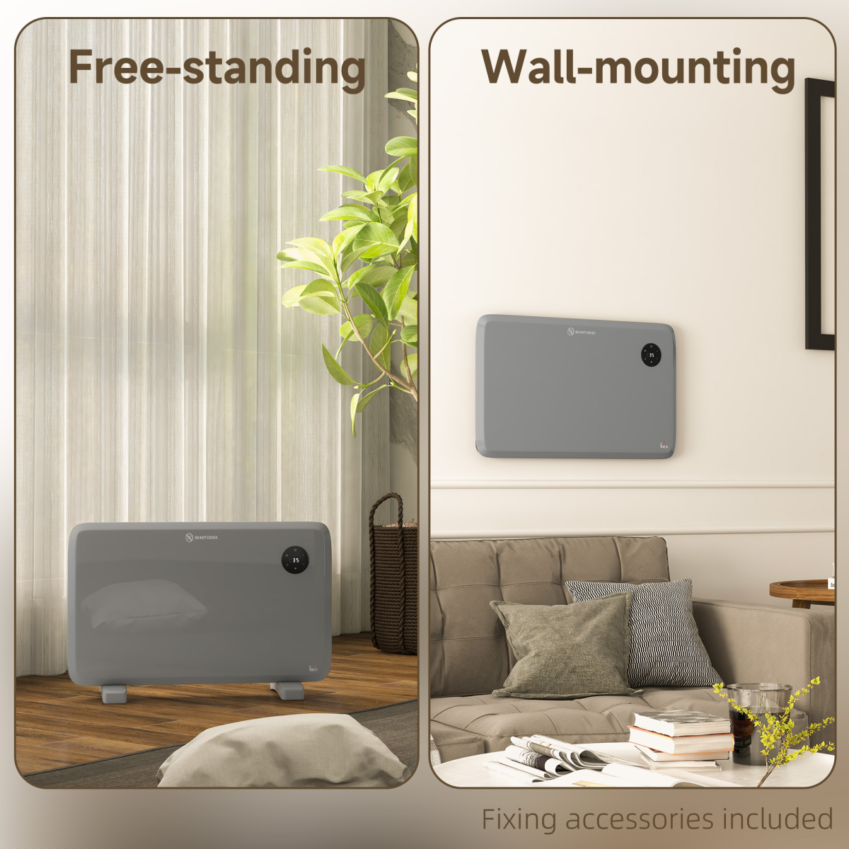HOMCOM 1200W Quiet Electric Convector Heater with LED Display – Freestanding or Wall-Mountable, Grey